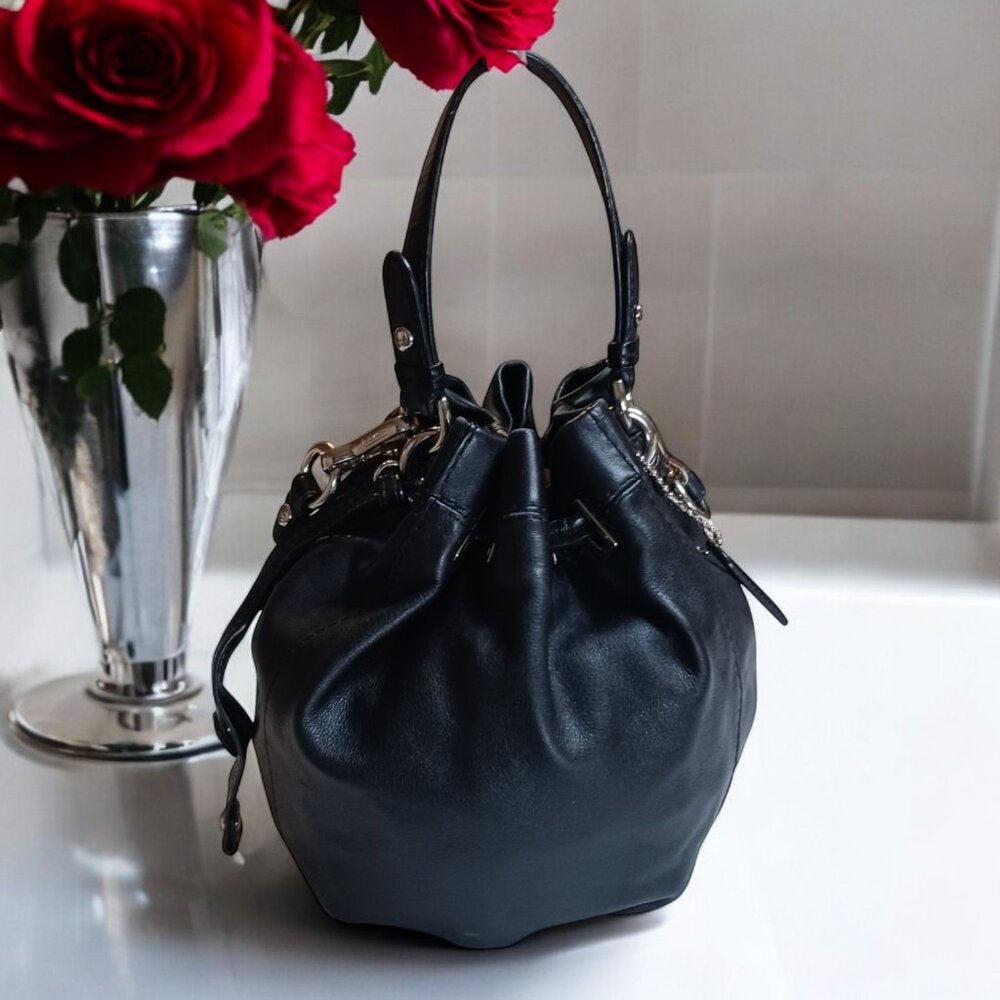 Authentic Coach Mia Drawstring Bucket Bag 14601 | Black Leather Polka Dot